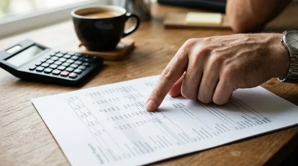 Hand pointing at a printed rental property financial report beside a calculator and a cup of coffee