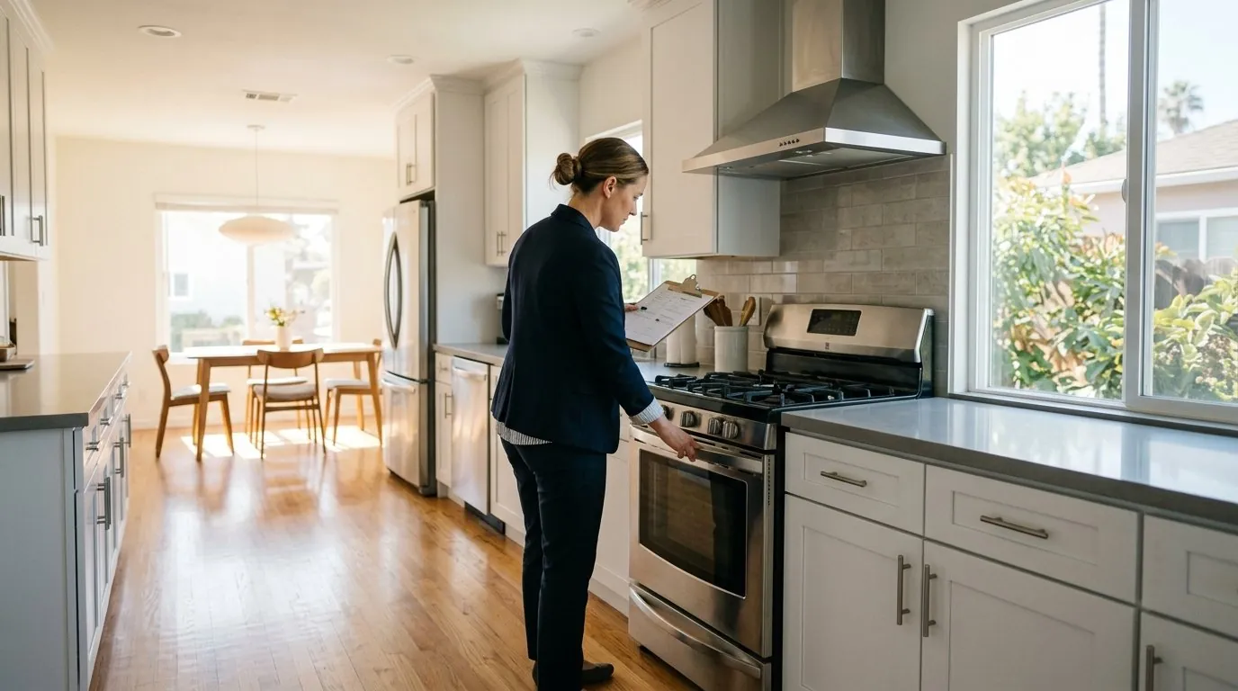 Property manager conducting San Diego property inspections in a rental kitchen, checking stove condition