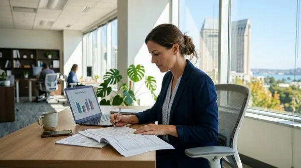 Property manager reviewing San Diego rental income and expense reports at an office desk